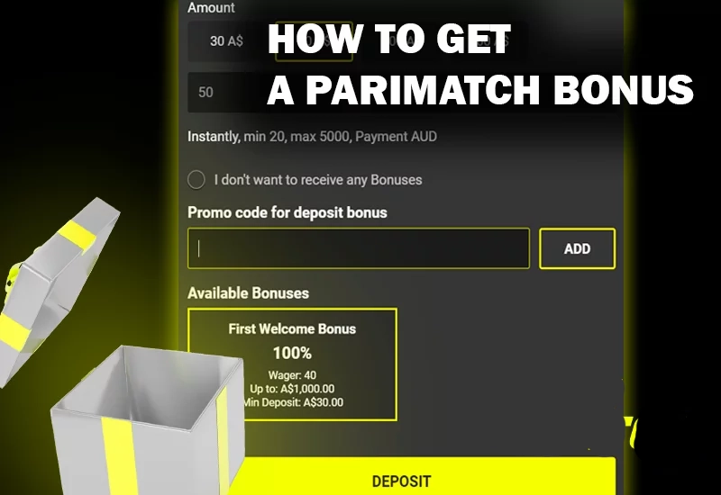 Screenshot of Deposit bonus form on Paimatch casino site, opened gift box and Primatch logo